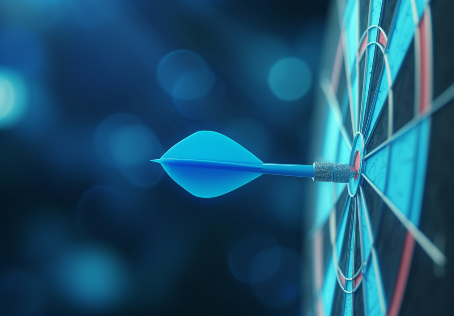 Dartboard with blue dart hitting bullseye - representing precision and accuracy